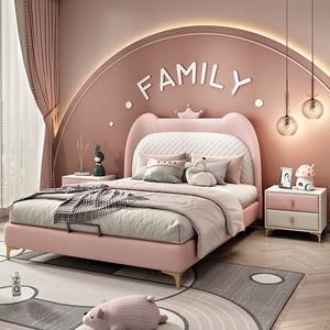 Letto per Ragazze Adolescenti Design Principessa in Legno Massello e Pelle Rosa, Camera <span class=keywords><strong>da</strong></span> Letto Sognante, Lusso Leggero, Moderno e Minimalista - Product Image 2