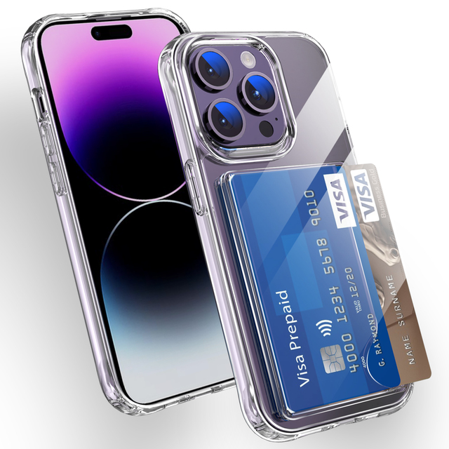 Simple Crystal Clear TPU PC Hard Case for iPhone 14 15 16 17 Pro Max Wallet and Credit Card Holder Cover