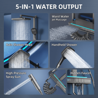 Système de douche mural intelligent et moderne en aluminium brossé avec cascade numérique, barre coulissante carrée en céramique et robinets souples pour salle de bain d'hôtel
