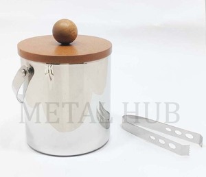 Premium Shiny Silver Stainless Steel Ice <b>Bucket</b> <b>with</b> Wooden <b>Lid</b> and Ice Tong Double Wall Barware for Home Party - Product Image 5