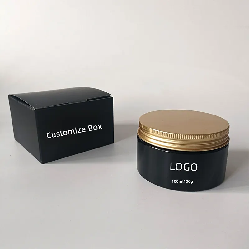 Empty Pet Plastic Luxury logo print 300g Black Face Cream Cosmetic Jar Container with gold Aluminum Cap in customize Box Kit