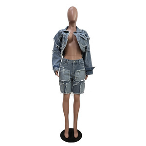 2025 nueva moda <span class=keywords><strong>trajes</strong></span> <span class=keywords><strong>de</strong></span> mezclilla bolsillo Patchwork Chaqueta corta + Pantalones cortos conjunto <span class=keywords><strong>de</strong></span> 2 piezas Casual Y2K Denim conjunto <span class=keywords><strong>de</strong></span> dos piezas ropa <span class=keywords><strong>de</strong></span> <span class=keywords><strong>mujer</strong></span> - Product Image 4