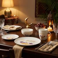 Ensemble de vaisselle en céramique écologique à motif de mosquée islamique Eid Mubarak, assiette, bol et tasse en porcelaine or et violet festifs, cadeau de fête