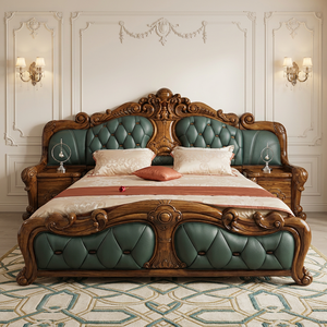 Cama de Estilo Victoriano con Cabecera de Caoba, Tamaño King, Madera Sólida Tallada a Mano, Tapizada en Cuero Verde, Muebles para Dormitorio - Product Image 1