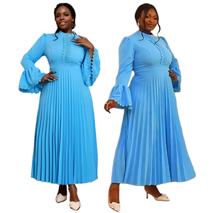 AM040731 Robes <span class=keywords><strong>de</strong></span> soirée tendance pour femme, décontractées et élégantes, col rond, manches évasées, plissées, pour l'église ou les soirées - Product Image 1