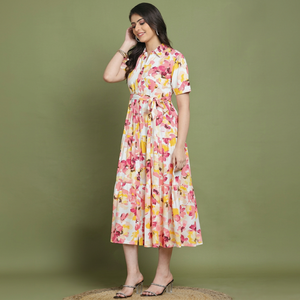 Vestido Midi de Algodón con Estampado Floral Blanco y Rosa para Mujer, Mangas Cortas, Corte Holgado, Casual, Verano - Product Image 1