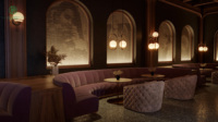 Canapé banquette de luxe en velours capitonné incurvé, comptoir de bar personnalisé avec étagère de présentation de vin pour mobilier de discothèque et de lounge à cocktails