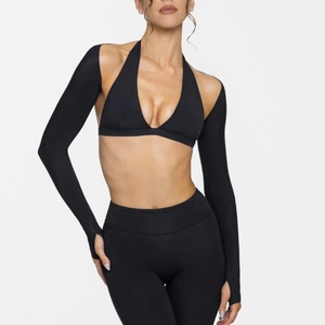Haut de sport personnalisé avec logo, sexy, à manches longues, avec torsion sur le devant, soutien-gorge de sport, boléro, 3 pièces, leggings de yoga pour femmes - Product Image 3