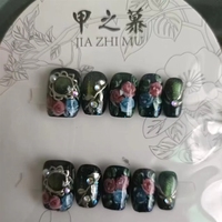 Uñas Acrílicas JIAZHIMU de Cobertura Total, Diseño 3D Pintado a Mano en Blanco con Detalle Rojo de Estilo Rápido