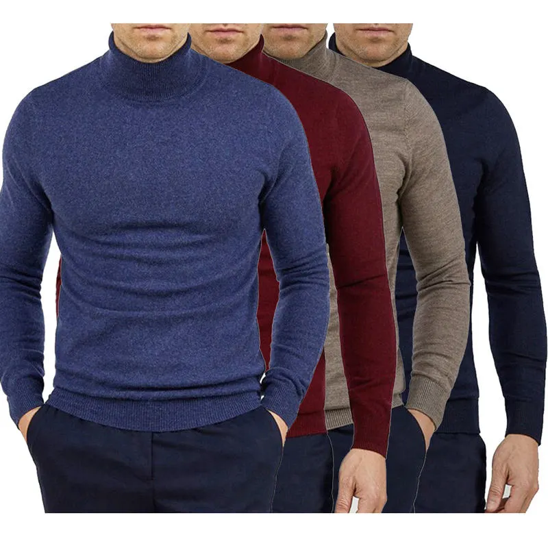 Jersey de lana 100% de manga larga para hombre, jersey de cuello alto, lana merina cálida