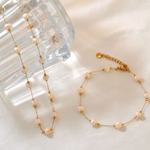 Collana di perle stellate Set per le donne semplice perla naturale dolce con catena in oro placcato clavicola gioielli in acciaio inox classico - Product Image 2