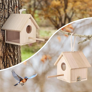 Nichoirs en bois à motif solide avec lanière en acrylique à l'extérieur Nichoir à oiseaux bleus suspendus - Product Image 5