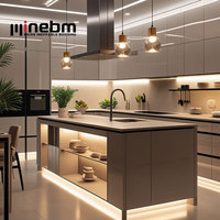 Meja Pulau Dapur Minimalis Kabinet Dapur Kustom Pulau Dapur Lampu LED Backlight Kabinet Dapur Kayu Melamin Tanpa Gagang Grosir