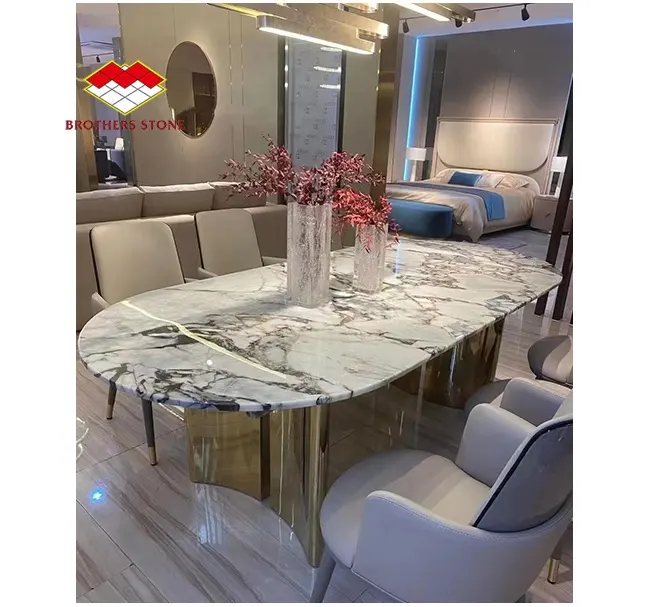 Stainless steel centre table with marble top dinning table marble top