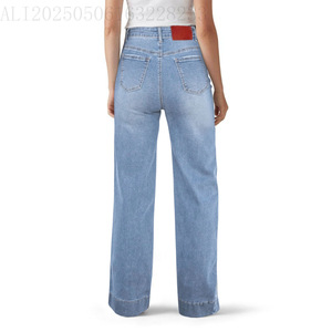 Jean large à taille haute et coupe droite pour femme, extensible, avec cordon de serrage, style décontracté et tendance - Product Image 6