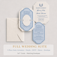 Invitation de mariage de luxe bleu poussière, carton de coton 600 g/m², gaufrage à sec, forme personnalisée, impression typographique, suite de cartes de mariage élégante