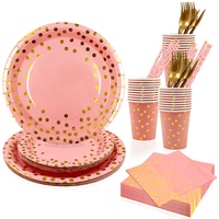 Ensemble de vaisselle jetable pour fête, 10 couverts, comprenant gobelets, serviettes et assiettes en papier, à pois dorés, rose, noir, blanc, vert