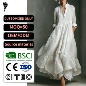 เดรสยาวแขนยาวสำหรับผู้หญิงสั่งทำขายส่ง กระดุมผ่าหน้า แต่งระบาย ผ้าสองชั้น สำหรับงานเลี้ยงตอนเย็น - Product Image 1