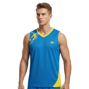 Men's Blue Yellow Basketball Jersey Sleeveless V-Neck Mesh Breathable <b>Athletic</b> Tank Top Custom Sublimated Print Front - Product Image 1