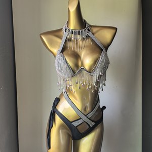 Conjunto de <span class=keywords><strong>Bikini</strong></span> <span class=keywords><strong>Sexy</strong></span> Personalizado al por Mayor con Borlas de Diamantes de Imitación para Carnaval, Traje de Baño de Dos Piezas con Flecos Brillantes, Ropa de Fiesta de Lujo para Club - Product Image 3