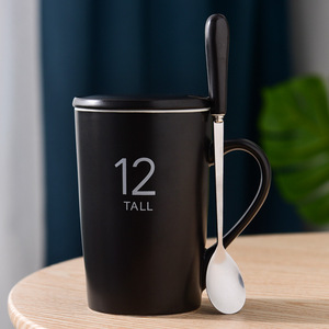 Mug en céramique avec couvercle et cuillère, tasse haute de 12 cm pour café, thé, cadeau - Product Image 2