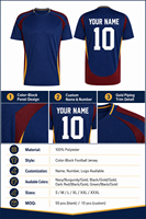 Maillot de football/soccer personnalisé avec blocs de couleur, bordure dorée, nom, numéro et logo, 100 % polyester pour équipe et club