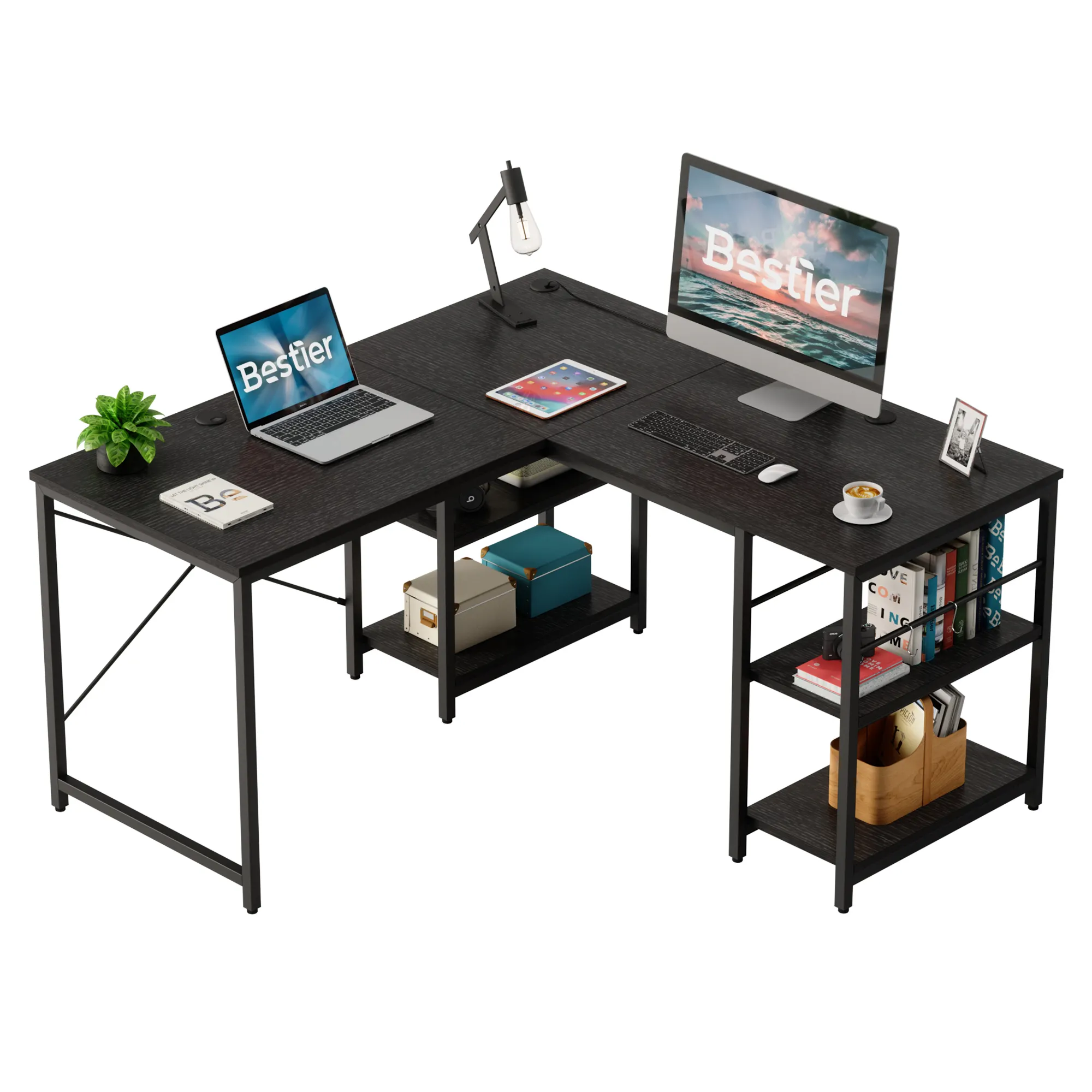 BESTIER Home Office Möbel Platzsparende Holz Metallrahmen L-förmige große Ecke PC Computer Eck tisch Schreibtisch mit Lagerung Sie