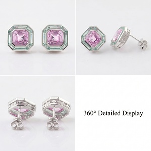 Boucles d'oreilles clous carrées de style <span class=keywords><strong>euro</strong></span>-américain, en or véritable 18 carats avec saphir rose de laboratoire, pierre précieuse rose taille Asscher - Product Image 5