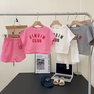 Ropa de verano para niños, venta al por mayor, conjunto de ropa para niñas, Top de Color sólido con pantalones cortos, ropa bonita de dos piezas para bebés de 1 a 9 años para niñas