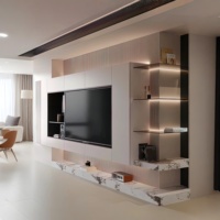 Maßgefertigte Moderne TV-Wohnwand mit Marmor-TV-Hintergrundpaneel und Dekorativem Wandschrank für das Wohnzimmer