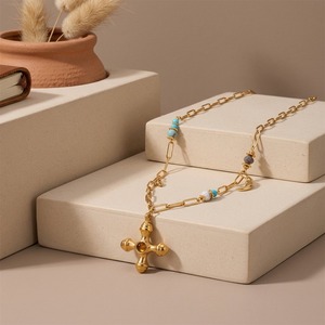 Collier pendentif croix en pierres multicolores fait main rétro pour femmes, collier chapelet bohème arc-en-ciel perlé, bijou religieux, cadeau - Product Image 5
