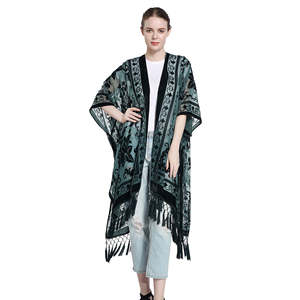 Kimono lungo da donna WeHello in velluto bruciato stile boho con nappe - Cardigan casual - Scialle - Product Image 4
