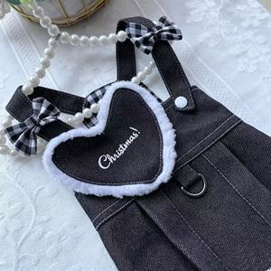 Denim <b>Overalls</b> Pet Dress With Heart Patch And Bowknot For Cats Dogs Princess Style Lightweight Spring Summer Wear - Product Image 4