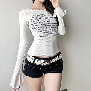 T-shirt à manches longues pour femme avec imprimé lettres, coupe ajustée, extensible, design de texte anglais, style streetwear européen et américain - Product Image 4