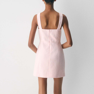 Robe mini trapèze vintage brodée en tweed à col carré sans manches pour femme, taille naturelle, élégante pour le bureau ou les soirées - Product Image 4