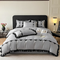 Parure de lit 4 pièces en soie glacée lavée de luxe, motif léopard jacquard, taille King, avec garniture en dentelle romantique, housse de couette douce