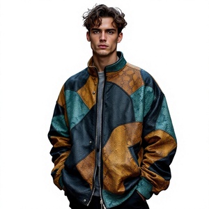 Chaqueta de cuero para hombre estilo bomber con patchwork de piel de vaca, estampado de serpiente, cierre de cremallera, cuello vuelto, estilo motociclista, para otoño. - Product Image 5