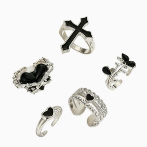 925 Sterling <b>Silver</b> Black Enamel Open <b>Ring</b> <b>Set</b> Heart Cross Anchor Claw Setting Unisex Gift Jewelry - Product Image 1