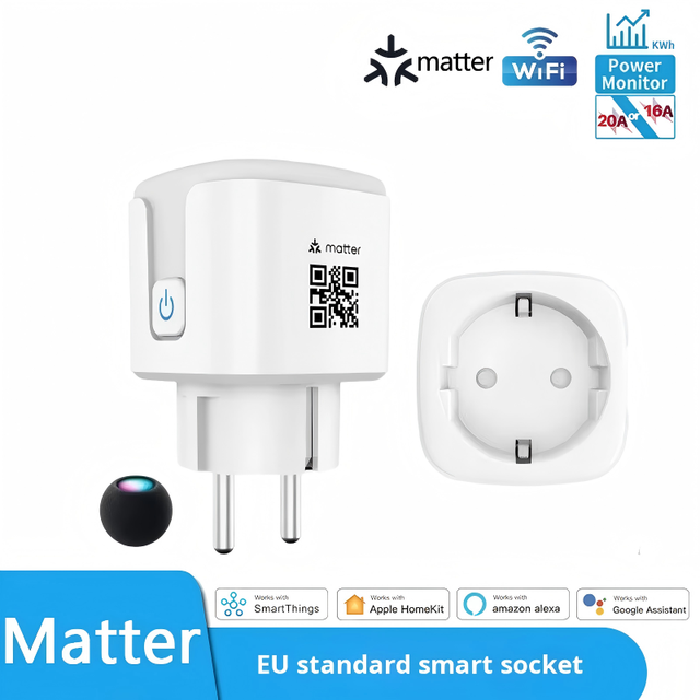 Matter WiFi Smart Socket 16A 20A EU Standard Plug with Energy Monitoring Voice Control ABS Material No Display Screen