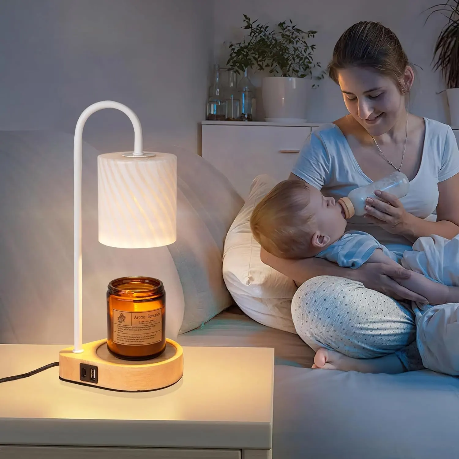 Bedside Romantic Heart Table lamps electric wax melter wooden base USB A+C ports dimmable Timer candle warmer lamp