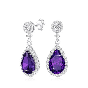 Pear Cut Natural Amethyst Dangle <b>Drop</b> <b>Earrings</b> Fine Jewelry Wholesale S925 Sterling <b>Silver</b> Double Halo Micro Paved CZ - Product Image 1