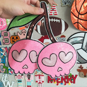 2025 thiết kế mới tùy chỉnh bán buôn Halloween long lanh sequin Cherry Skull lớn thêu sắt trên các bản vá lỗi cho quần áo Hoodie - Product Image 2