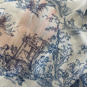 <b>Chiffon</b> Crepe Printed Fabric Blue <b>White</b> Porcelain French Retro Digital Printing 65gsm Shirt Dress Fashion Trim Fabric - Product Image 2