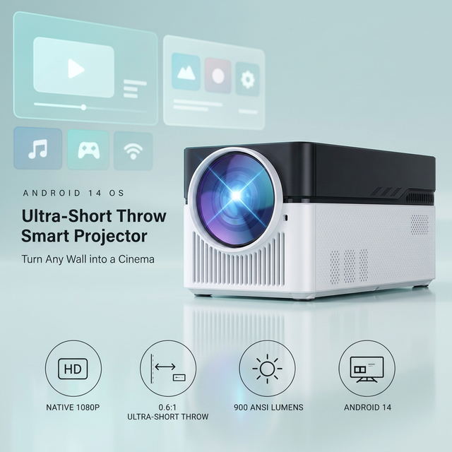 Business Projector Native 1080P 900 ANSI Lumens Ultra Short Throw 0.6:1 Android 14 Smart WiFi Office Classroom Presentation