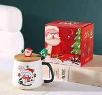 Tasse en céramique Wisteria de Noël avec couvercle en bois et cuillère – Coffret cadeau motif Père Noël et Bonhomme de neige pour les fêtes/Nouvel An, usage domestique/bureau