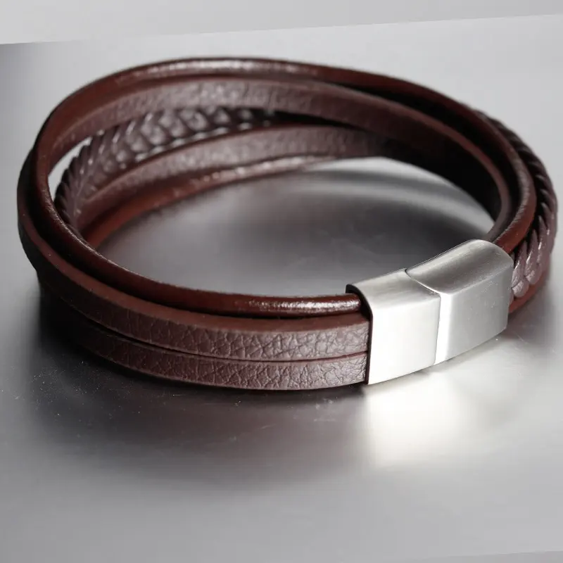 Handmade Braided Leather Bracelet for Men Women Stainless Steel Magnetic Clasp Bracelet Jewelry