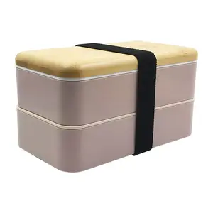 2 Tier Magnetron Bamboe Deksel Plastic Tiffin Bento Lunchbox Met Lepel Vork