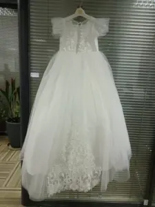 Beyaz kabarık çocuklar dantel düğün elbisesi sıcak satış prenses çiçek kız elbise