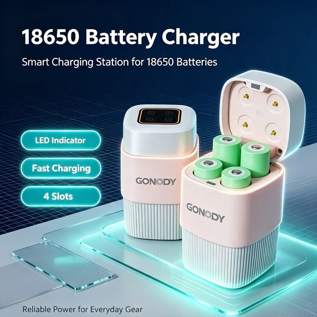 GONODY USB-C 18650 Battery Charger 4-Slot LCD Display Lithium-ion Rechargeable Batteries LED Illumination 15W Charger for 18650