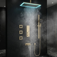 Système de douche carré moderne en laiton doré brossé avec composants en céramique, barre de douche murale à poignée unique
